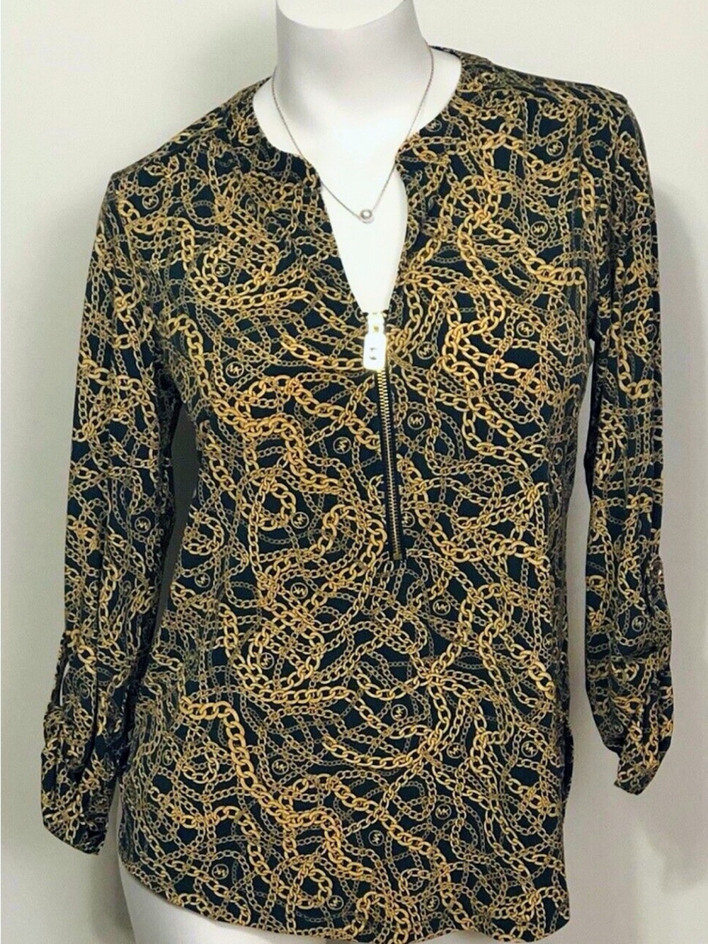 Michael Kors Green and Gold Chain-Print Zip Blouse